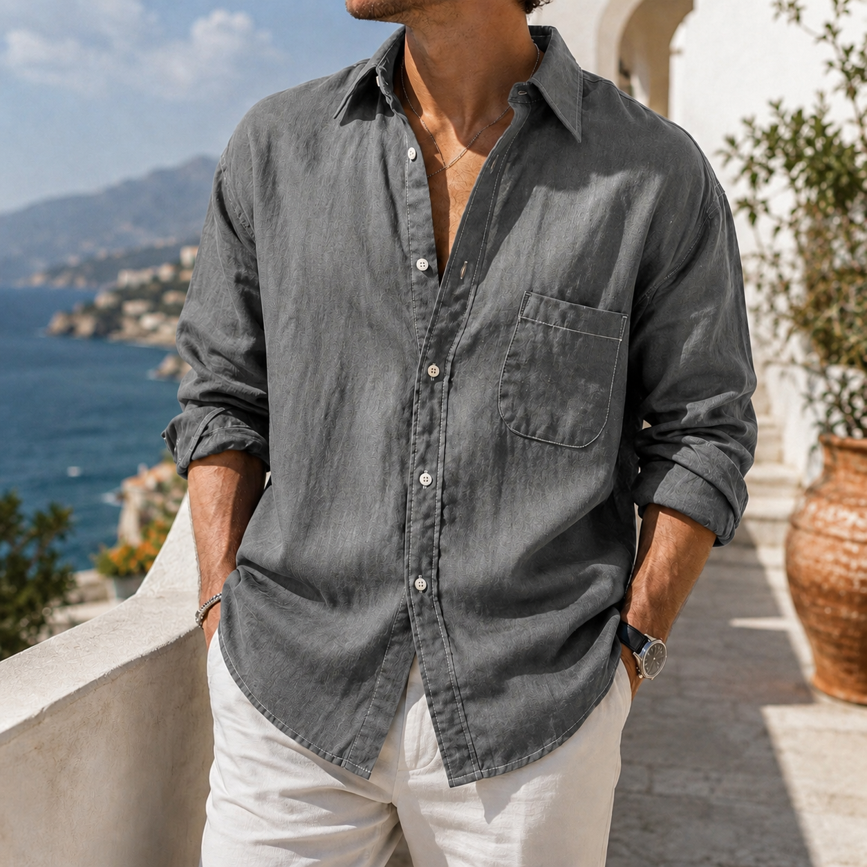 de modainprint para uso diario de algodón-de lino Urban casual de manga larga camisa with Chest Pocket