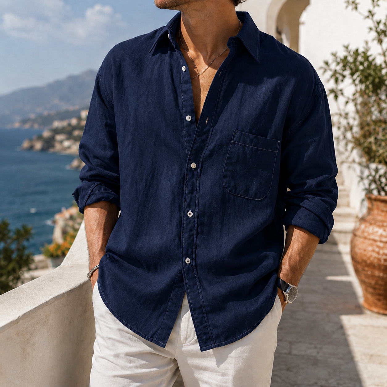 de modainprint para uso diario de algodón-de lino Urban casual de manga larga camisa with Chest Pocket
