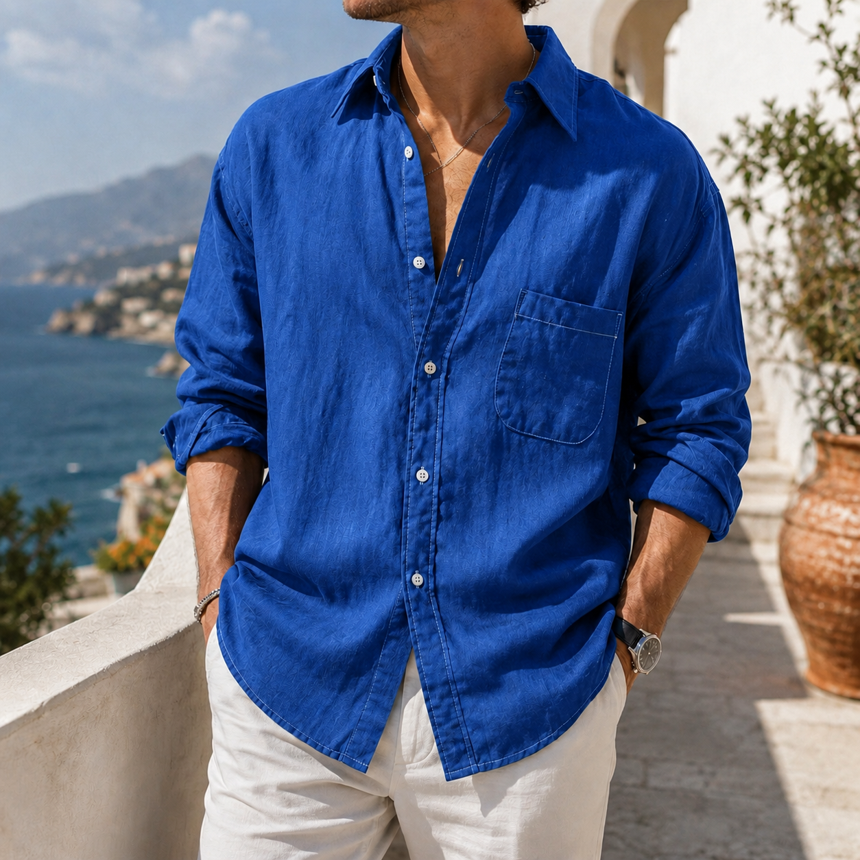 de modainprint para uso diario de algodón-de lino Urban casual de manga larga camisa with Chest Pocket