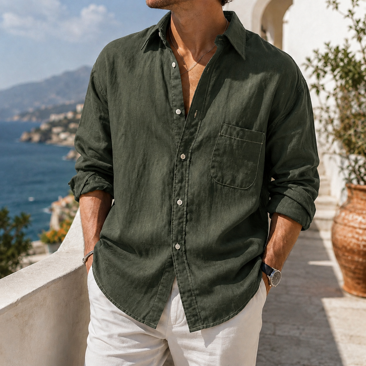 de modainprint para uso diario de algodón-de lino Urban casual de manga larga camisa with Chest Pocket