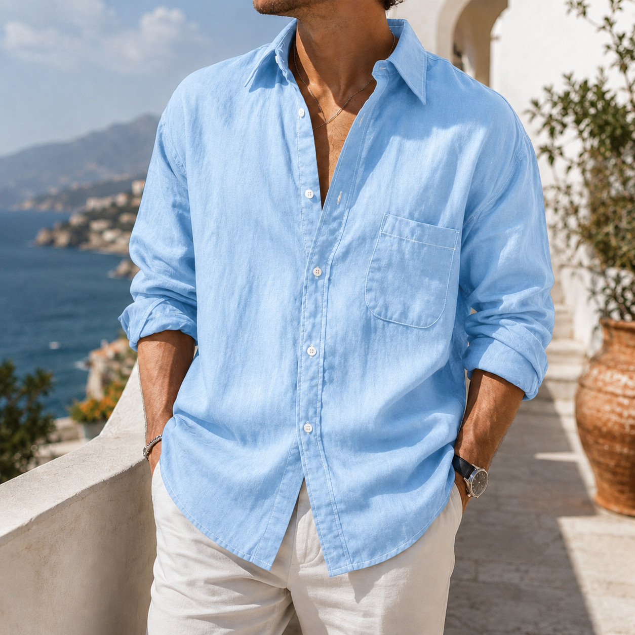 de modainprint para uso diario de algodón-de lino Urban casual de manga larga camisa with Chest Pocket