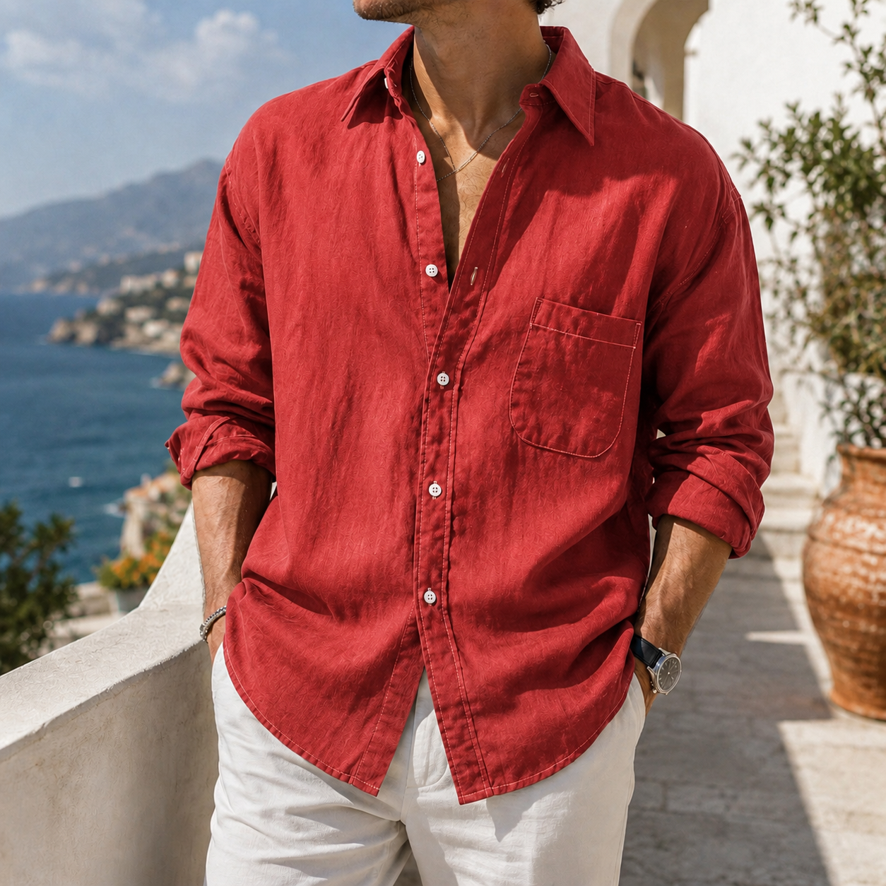 de modainprint para uso diario de algodón-de lino Urban casual de manga larga camisa with Chest Pocket