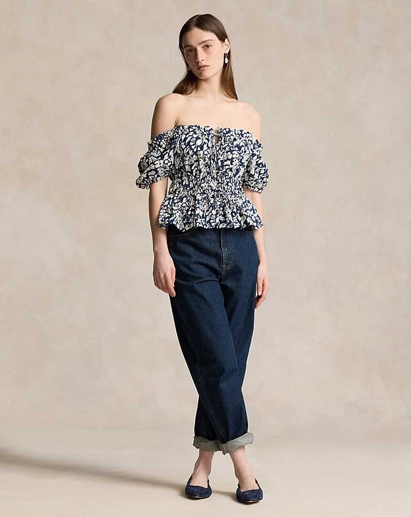 Conjuntos Ralph Lauren Floral Cotton Peplum Top Mujer Azul Marino | UYTCDXB-90 - vista 3