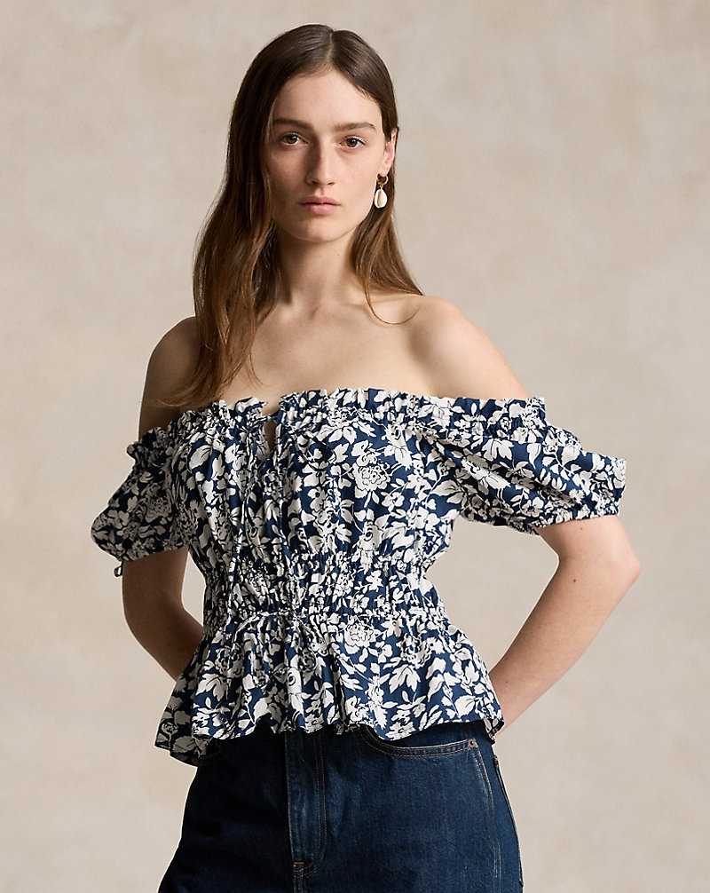 Conjuntos Ralph Lauren Floral Cotton Peplum Top Mujer Azul Marino | UYTCDXB-90 - vista 1
