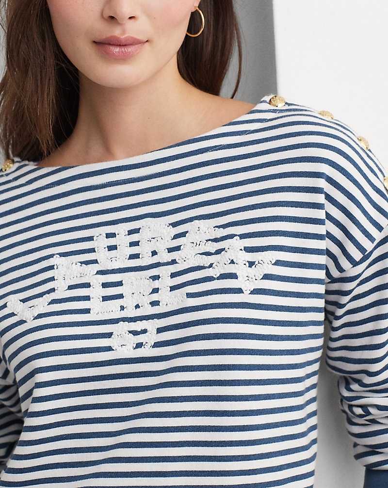 Conjuntos Ralph Lauren Logo Striped French Terry Top Mujer White/indigo Dusk | FTLSEUJ-52 - vista 5