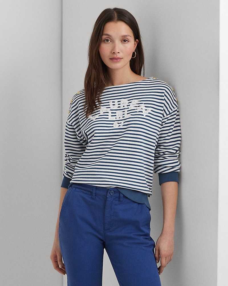 Conjuntos Ralph Lauren Logo Striped French Terry Top Mujer White/indigo Dusk | FTLSEUJ-52 - vista 1