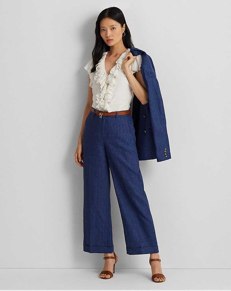 Conjuntos Ralph Lauren Pinstripe Linen Wide-Leg Cropped Mujer Blue/White | KVFWTOC-84 - vista 1