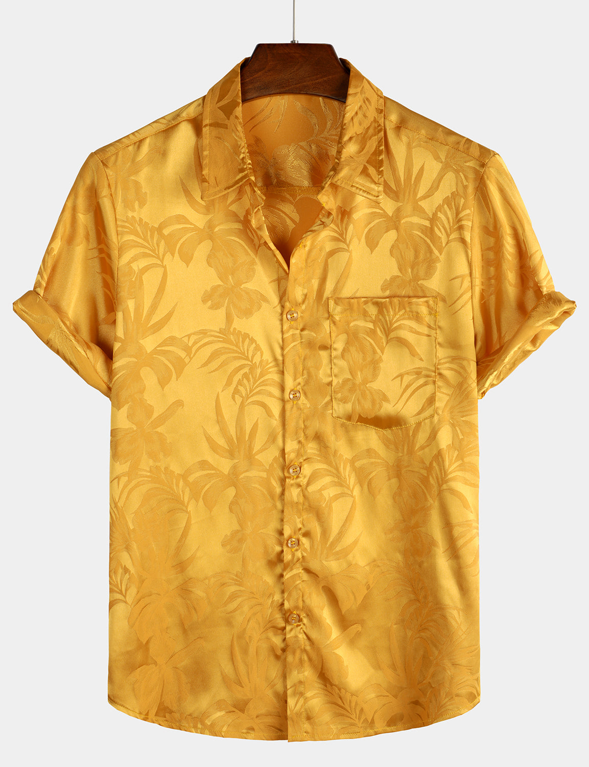 Camisa Summer Jacquard casual Button Up Pocket floral de manga corta Beach para hombre