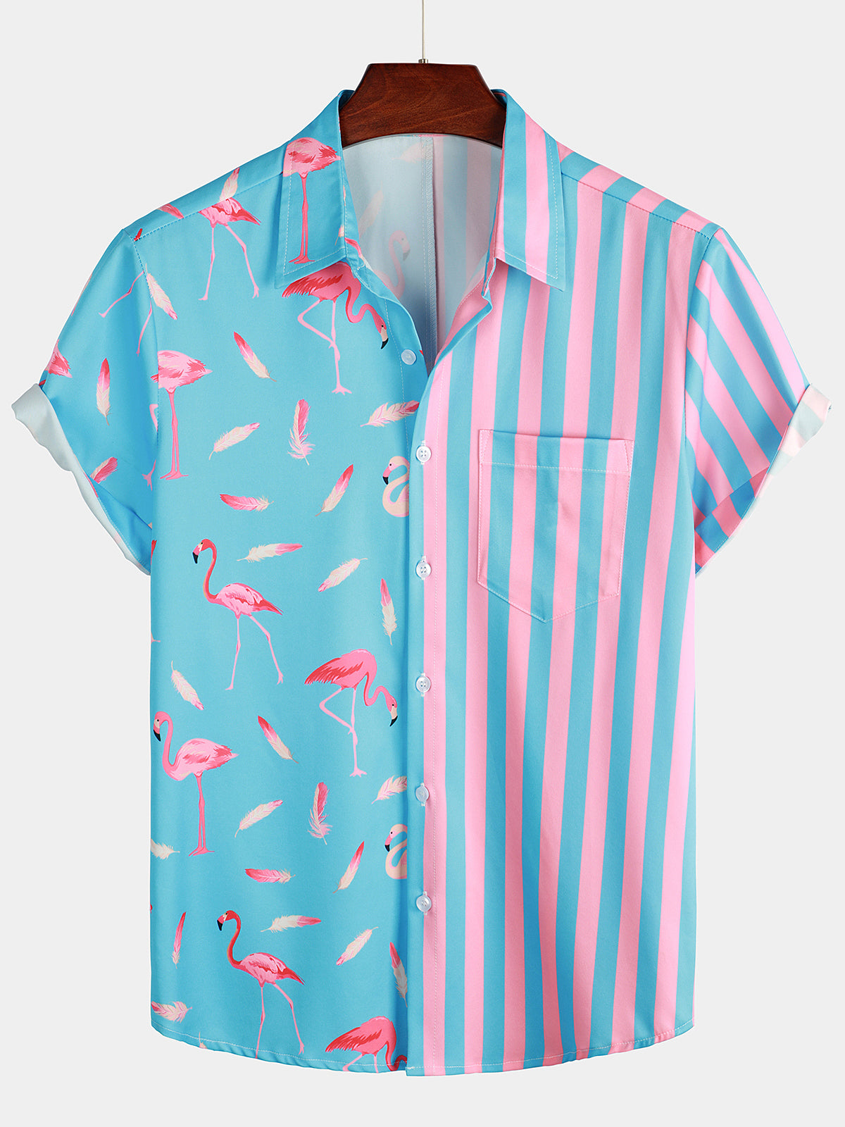 Camisa Flamingo & a rayas estampado Pocket de manga corta para hombre
