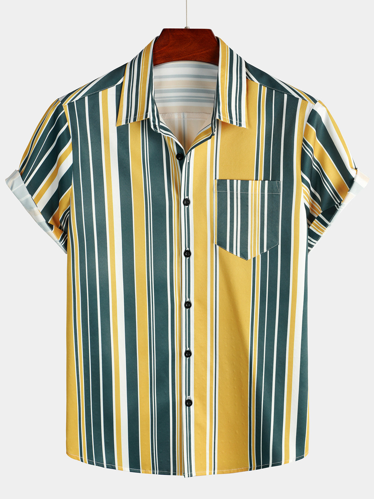 Camisa casual Button Up retro Yellow And Green Vertical a rayas Pocket de manga corta para hombre