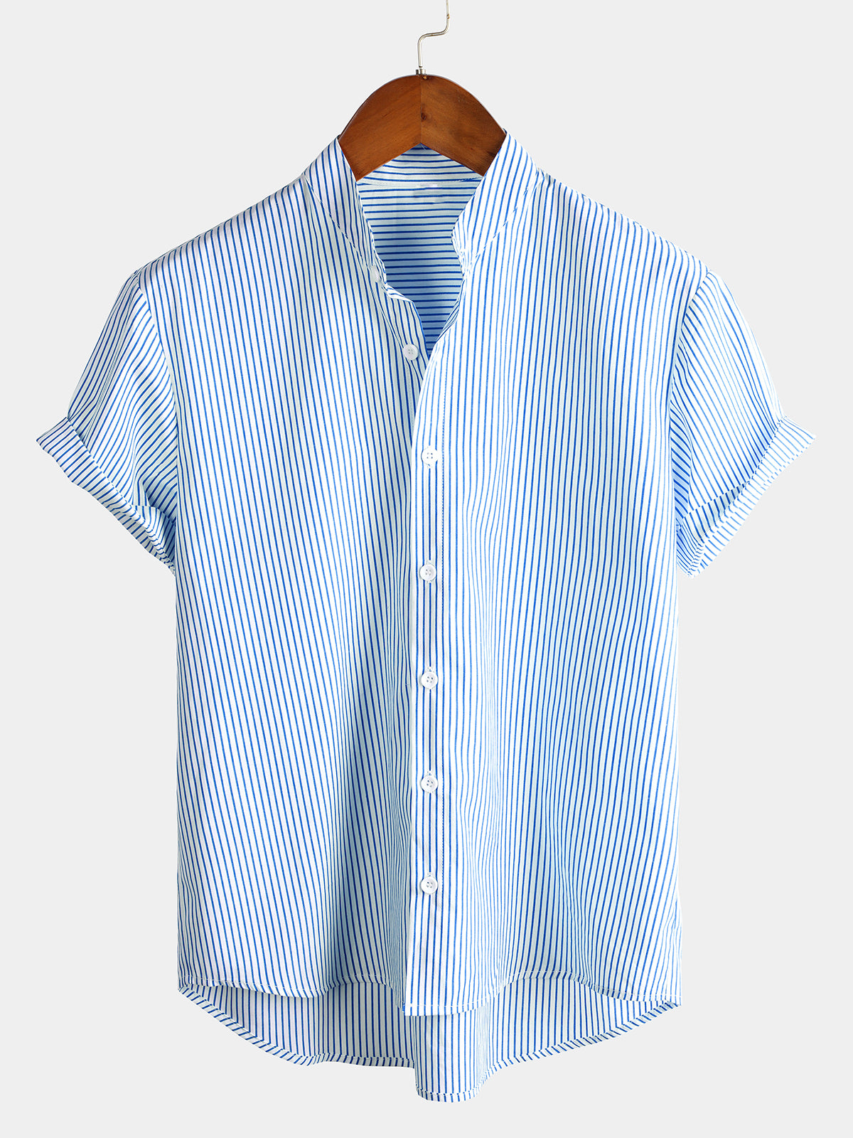 Camisa de algodón a rayas Stand Collar de manga corta para hombre
