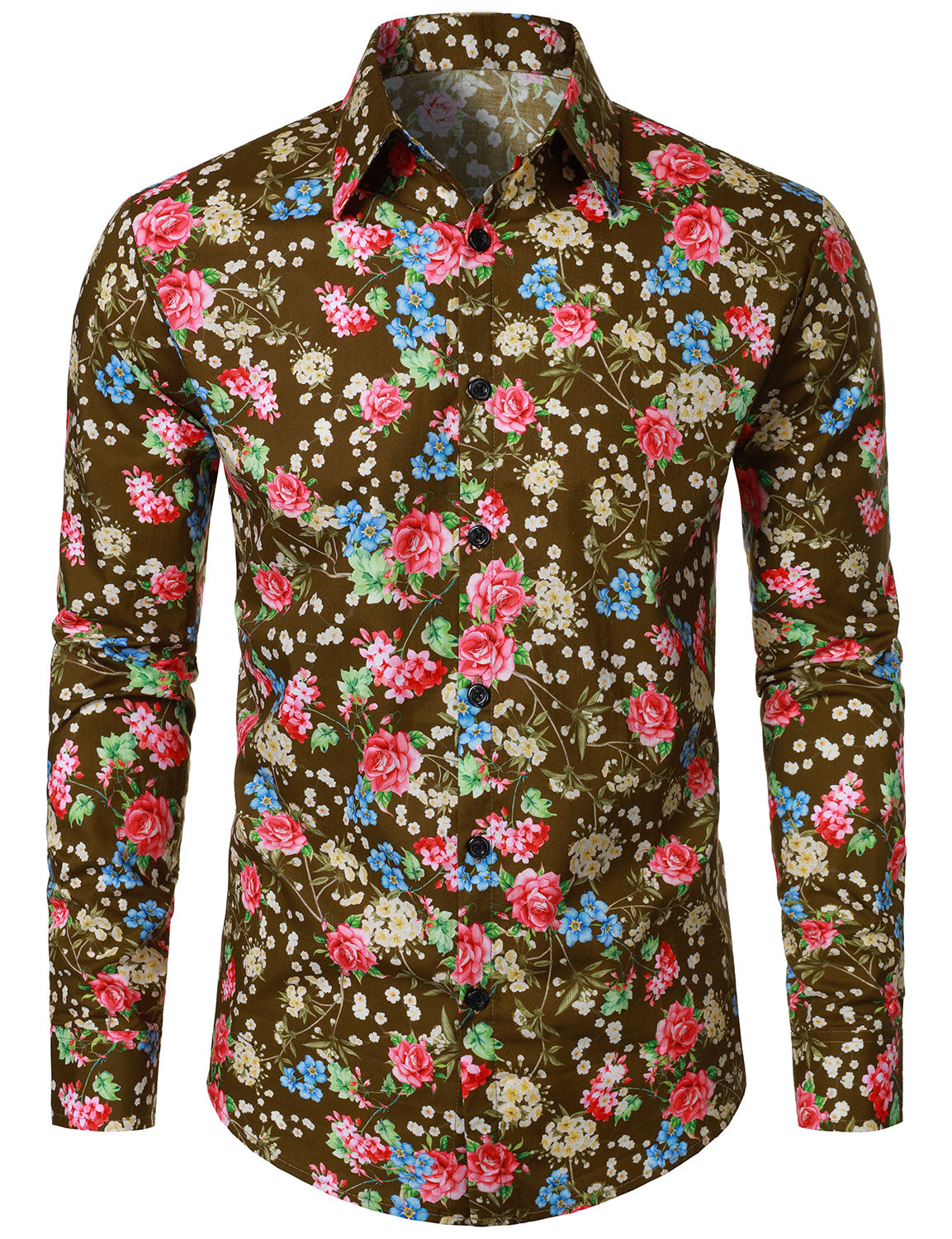 Camisa 70s floral estampado transpirable de algodón Brown de manga larga para hombre