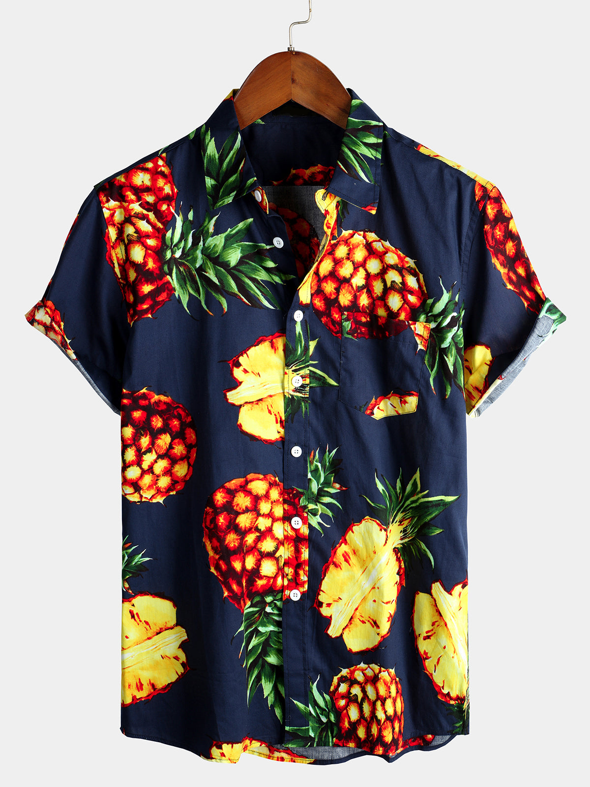 Camisa Pink Pineapple estampado Holiday Pocket de algodón para hombre