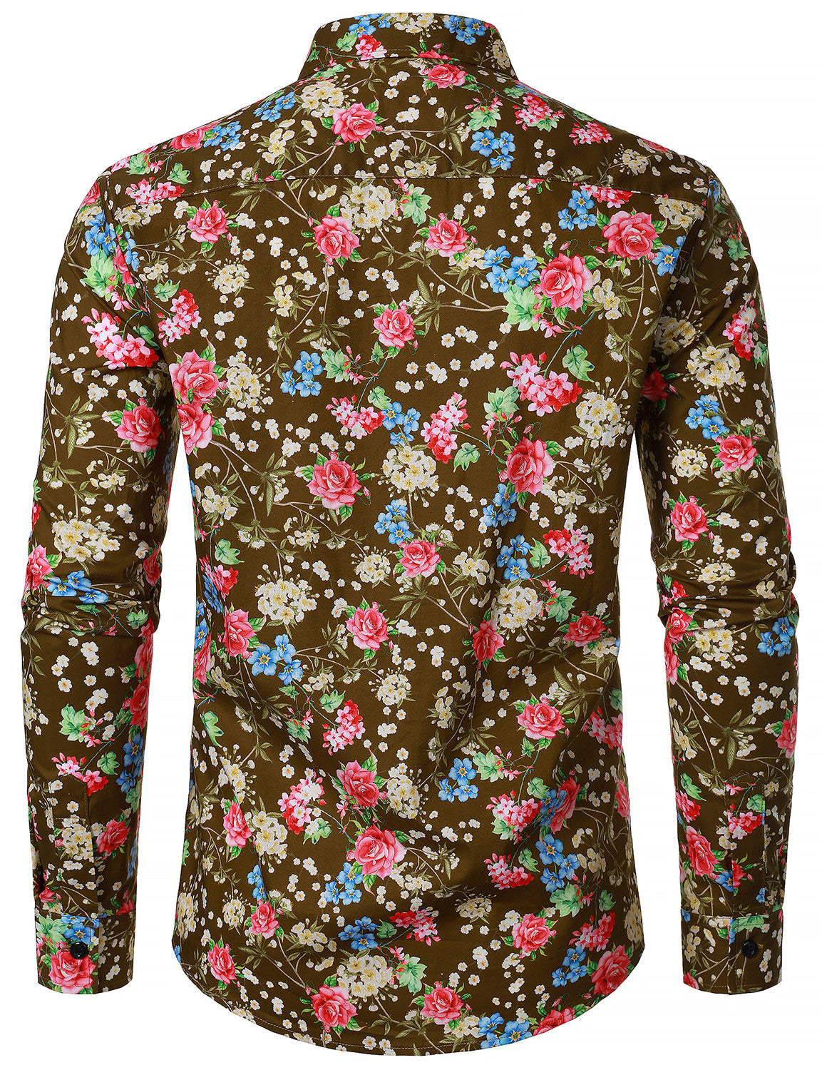 Camisa 70s floral estampado transpirable de algodón Brown de manga larga para hombre
