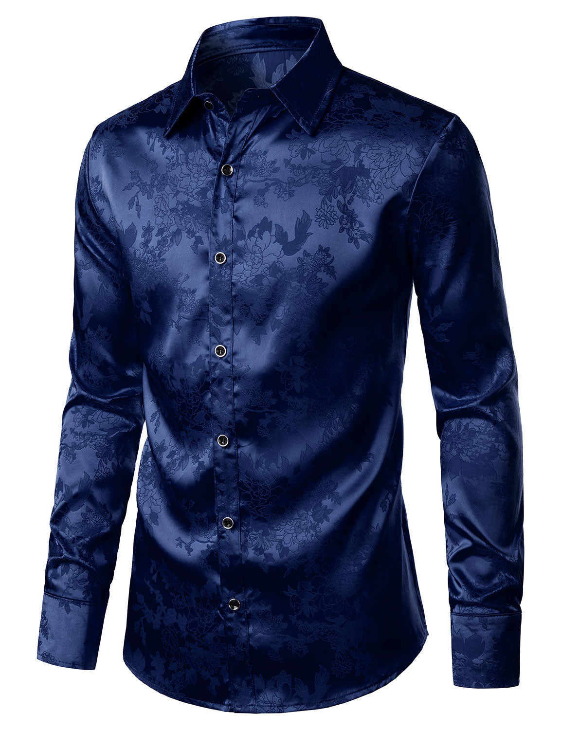 Camisa de vestir casual Shiny Satin floral Jacquard Blue de manga larga Button Up para hombre