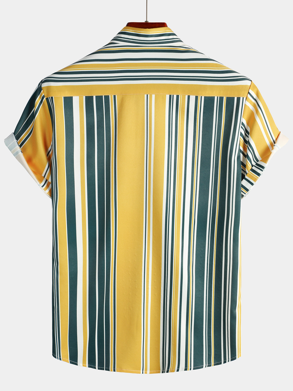 Camisa casual Button Up retro Yellow And Green Vertical a rayas Pocket de manga corta para hombre