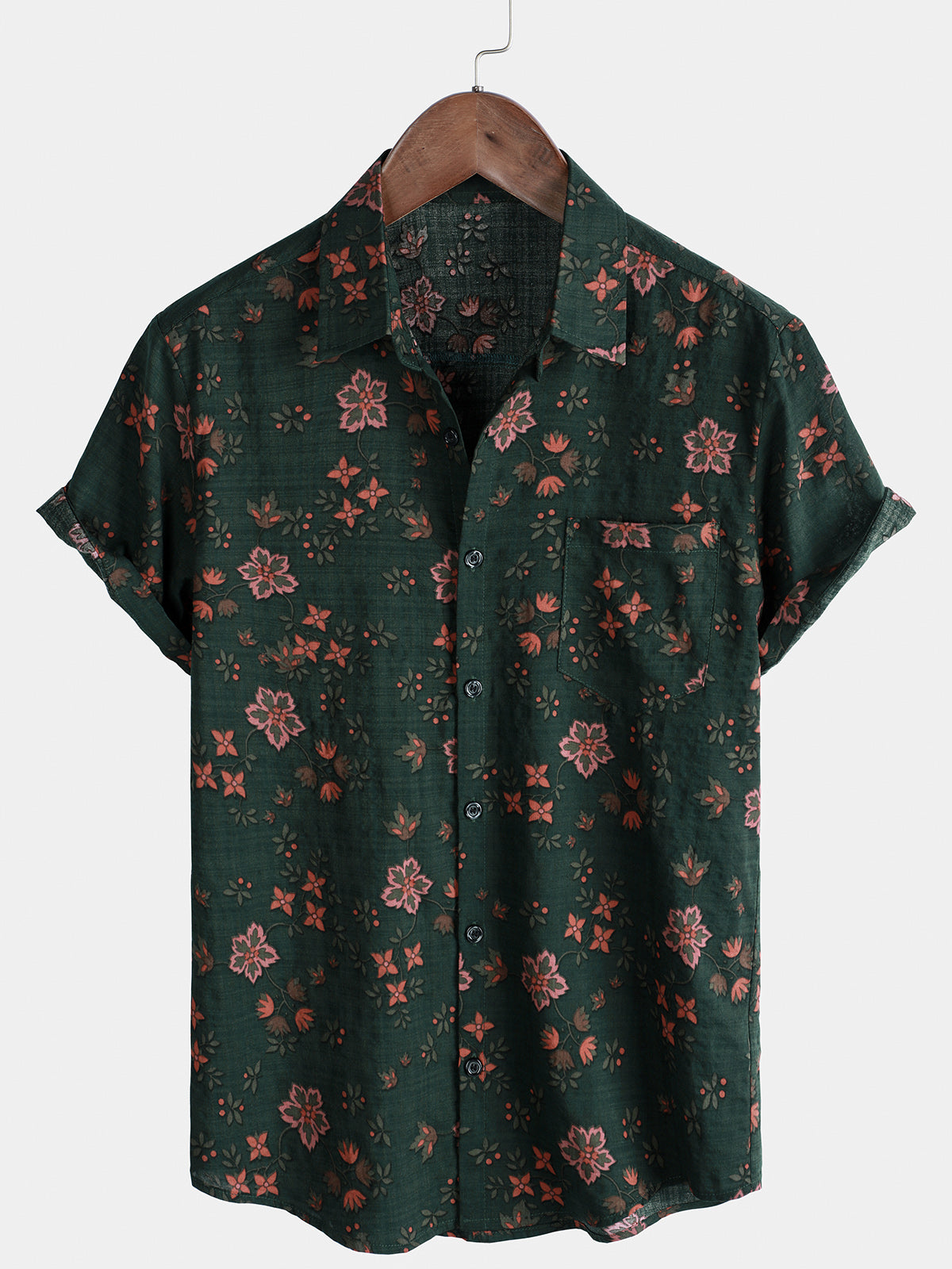 Camisa floral estampado vintage Holiday Green Hawaiian de manga corta para hombre