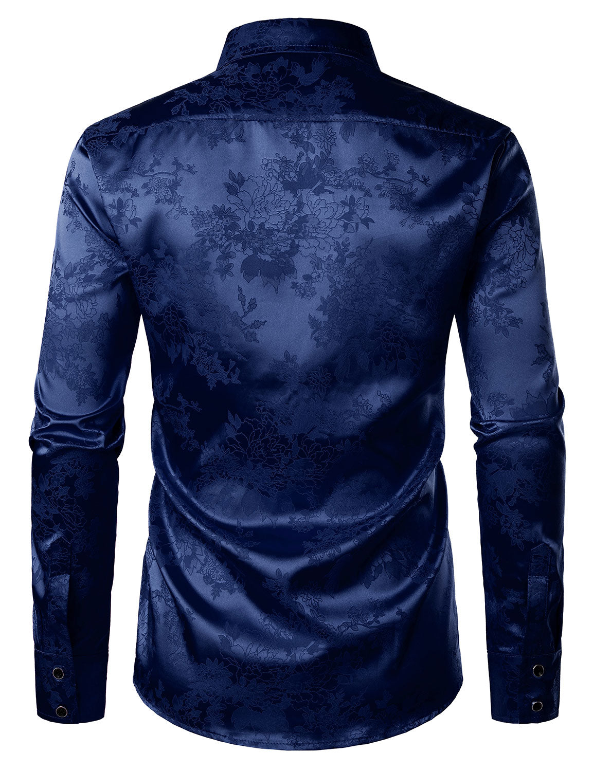 Camisa de vestir casual Shiny Satin floral Jacquard Blue de manga larga Button Up para hombre