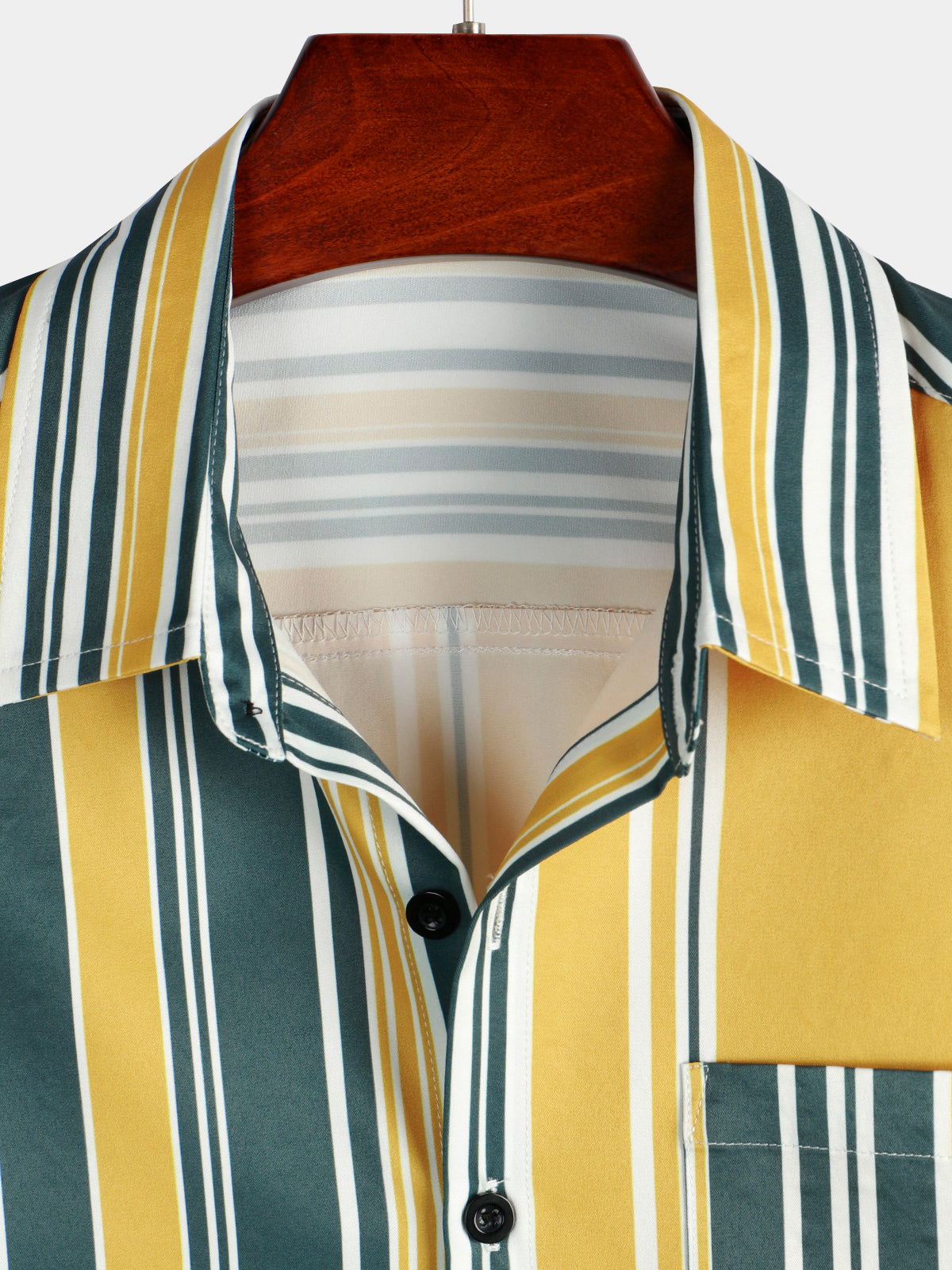 Camisa casual Button Up retro Yellow And Green Vertical a rayas Pocket de manga corta para hombre
