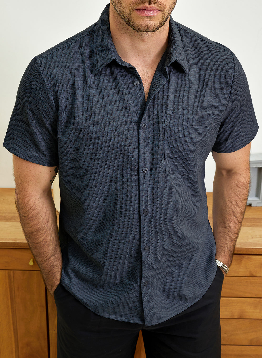 Camisa casual Waffle de manga corta Button Up Summer holgado Fit Beach para hombre