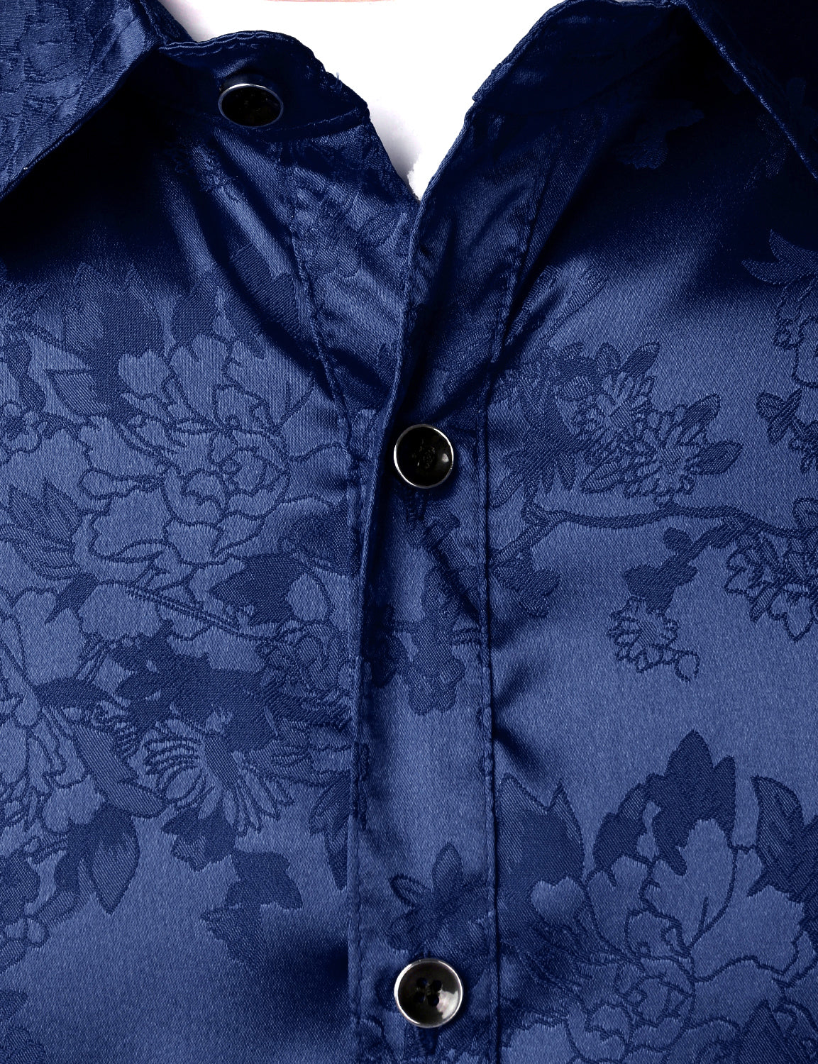 Camisa de vestir casual Shiny Satin floral Jacquard Blue de manga larga Button Up para hombre