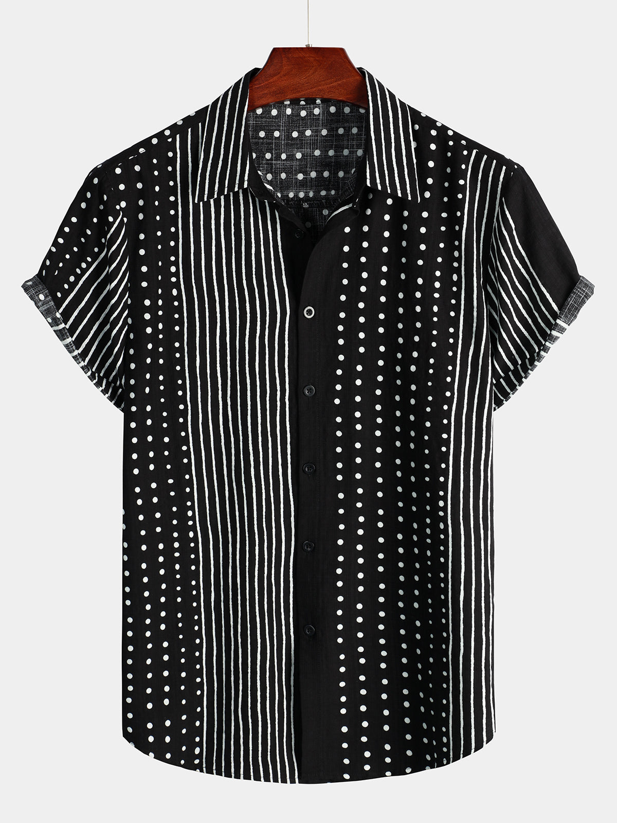 Camisa retro Black a rayas and Polka Dot Button Up de manga corta para hombre