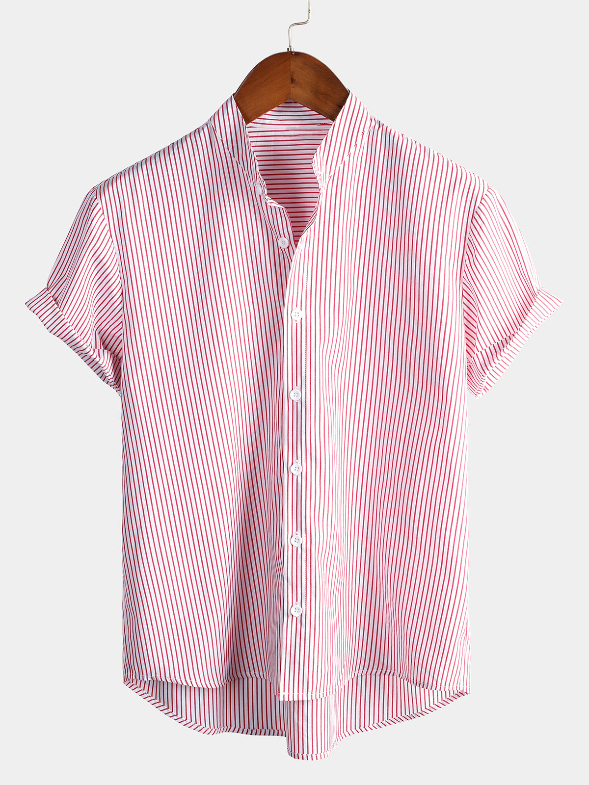 Camisa de algodón a rayas Stand Collar de manga corta para hombre