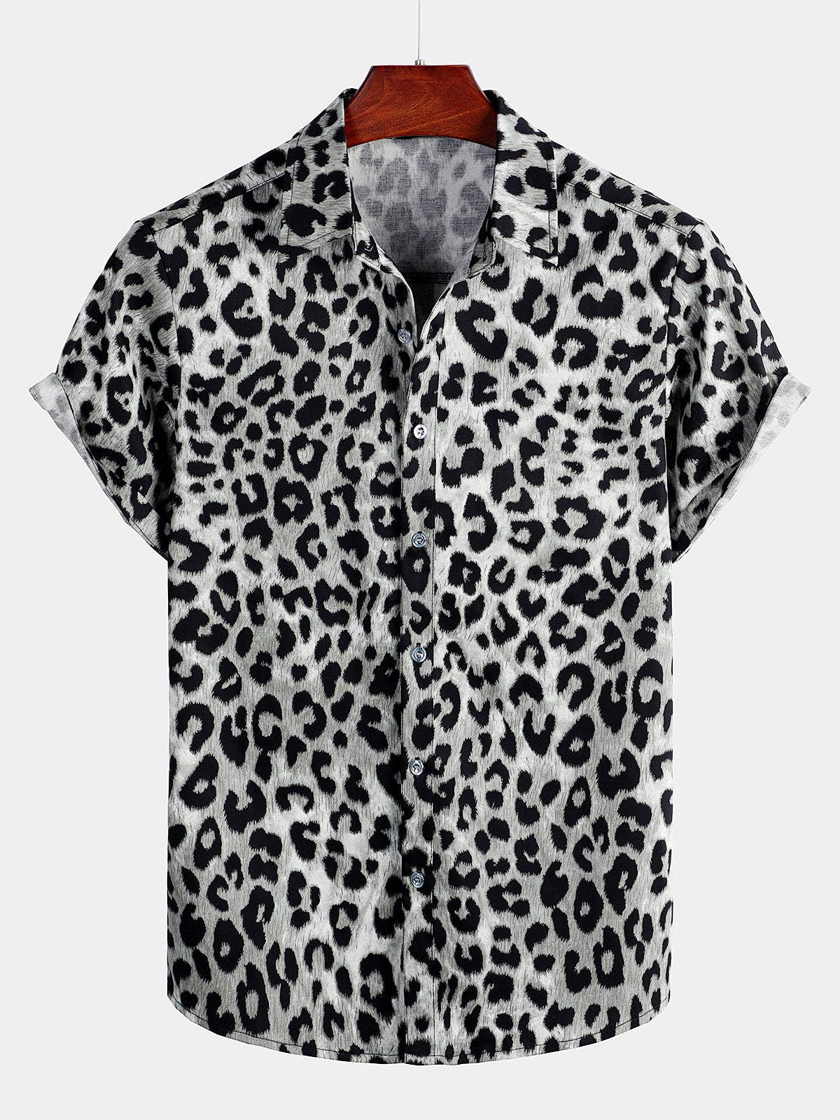 Camisa de algodón casual White Leopard Animal estampado Cheetah Rock Button Up de manga corta para hombre