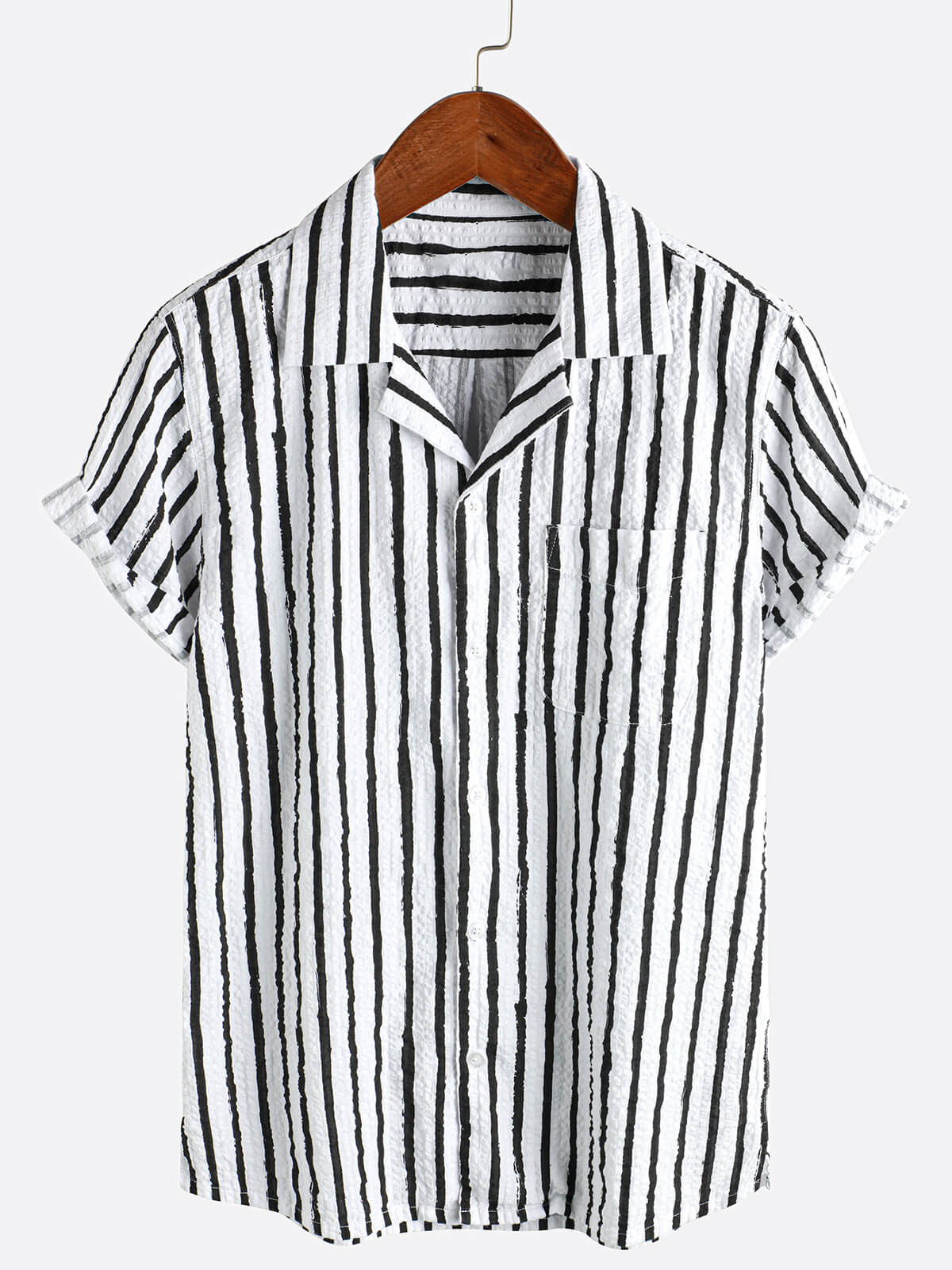 Camisa casual 100% de algodón a rayas Pocket Hawaiian Holiday Button Up de manga corta para hombre