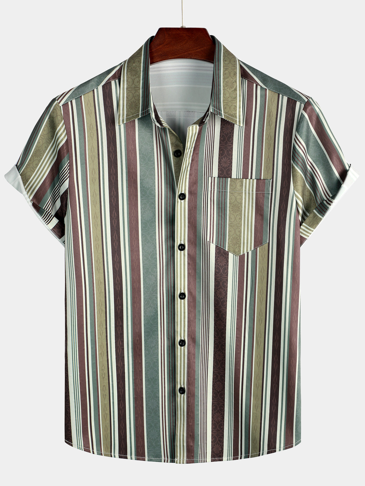 Camisa vintage Green And Brown Vertical a rayas Button Up Pocket de manga corta para hombre