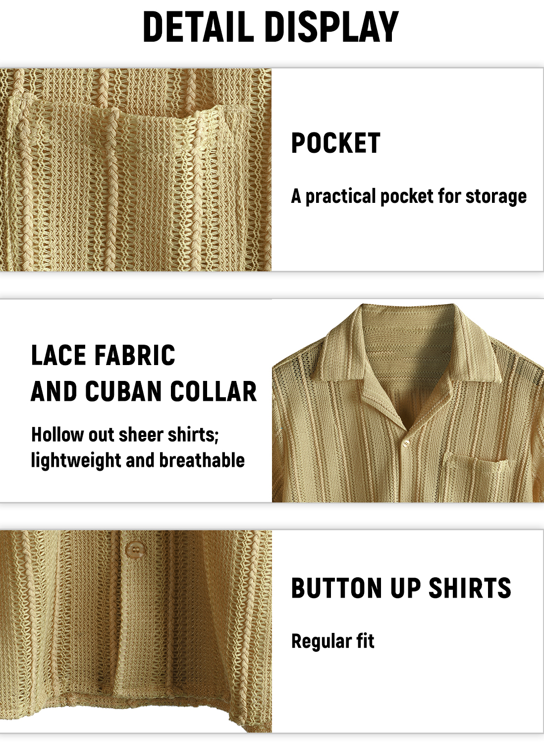 Camisa Summer Lace de manga corta casual Button Up Beach para hombre