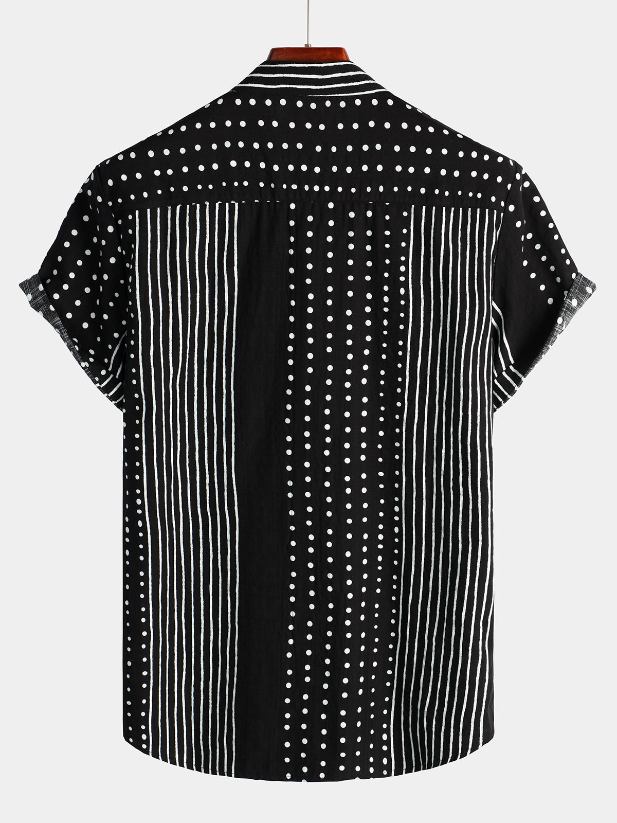 Camisa retro Black a rayas and Polka Dot Button Up de manga corta para hombre