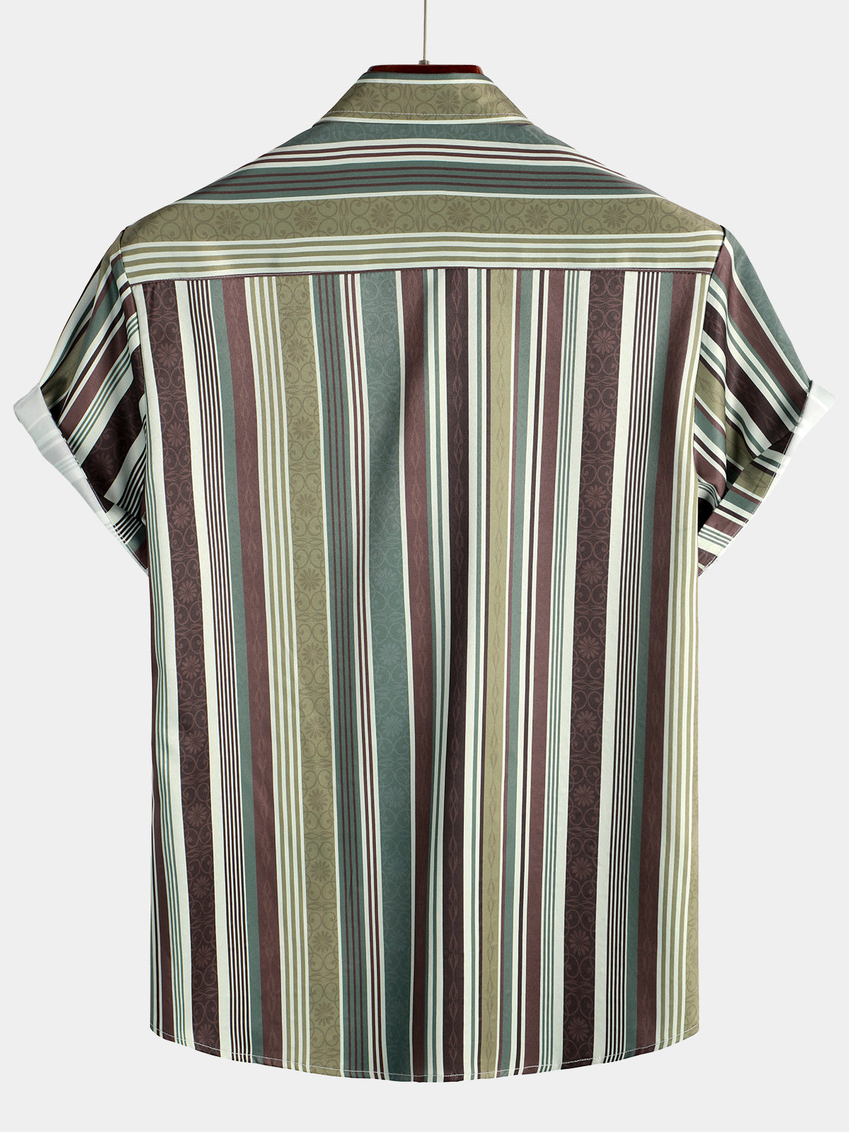 Camisa vintage Green And Brown Vertical a rayas Button Up Pocket de manga corta para hombre