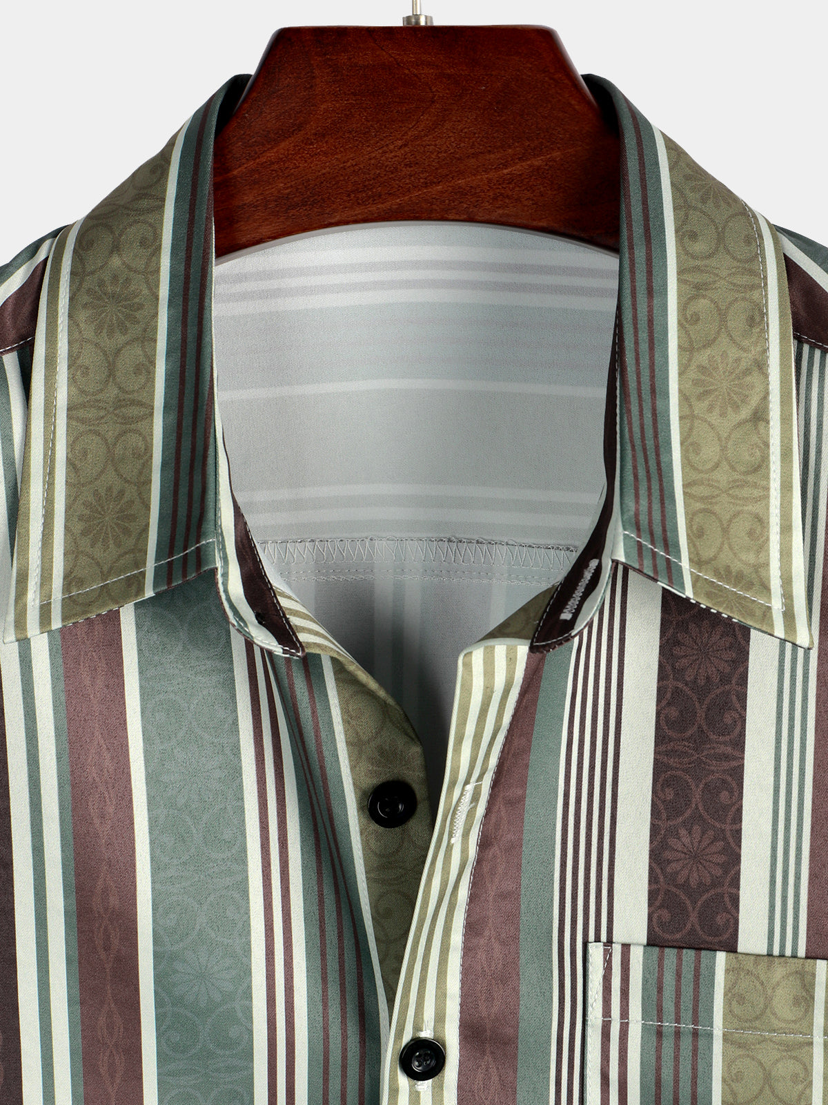 Camisa vintage Green And Brown Vertical a rayas Button Up Pocket de manga corta para hombre
