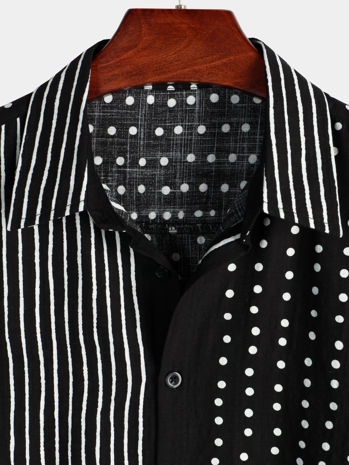 Camisa retro Black a rayas and Polka Dot Button Up de manga corta para hombre