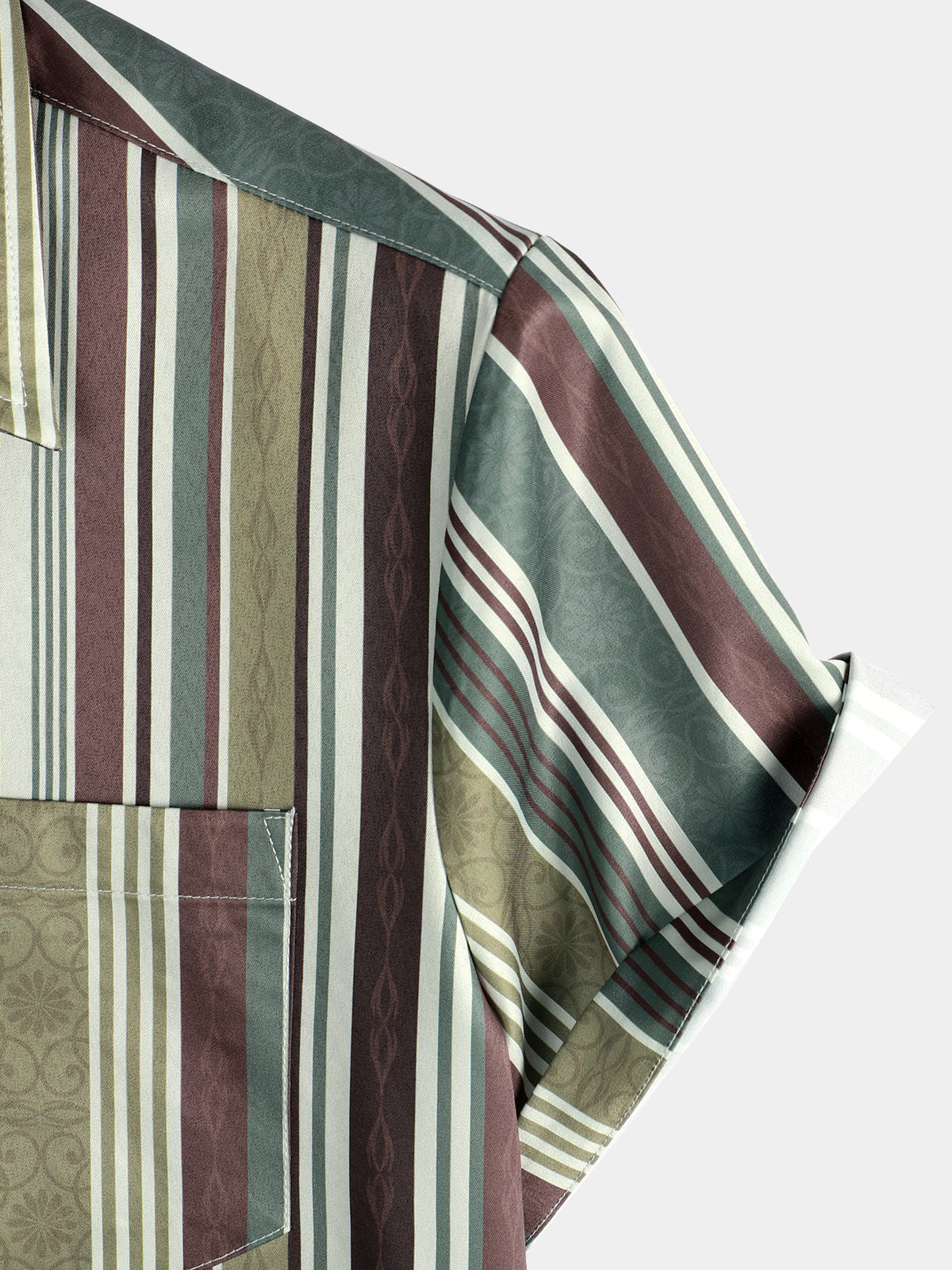 Camisa vintage Green And Brown Vertical a rayas Button Up Pocket de manga corta para hombre