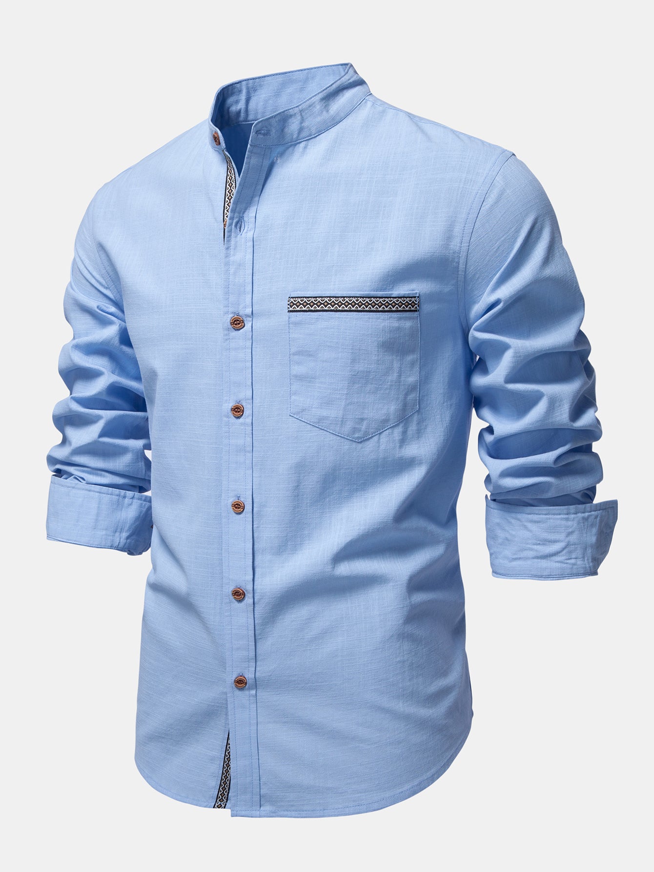Camisa Contrast Trim de lino Look Stand Collar