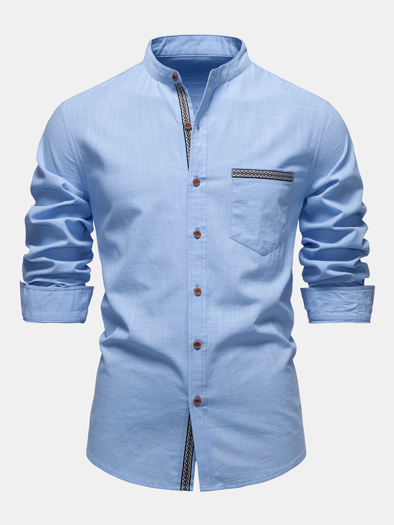 Camisa Contrast Trim de lino Look Stand Collar