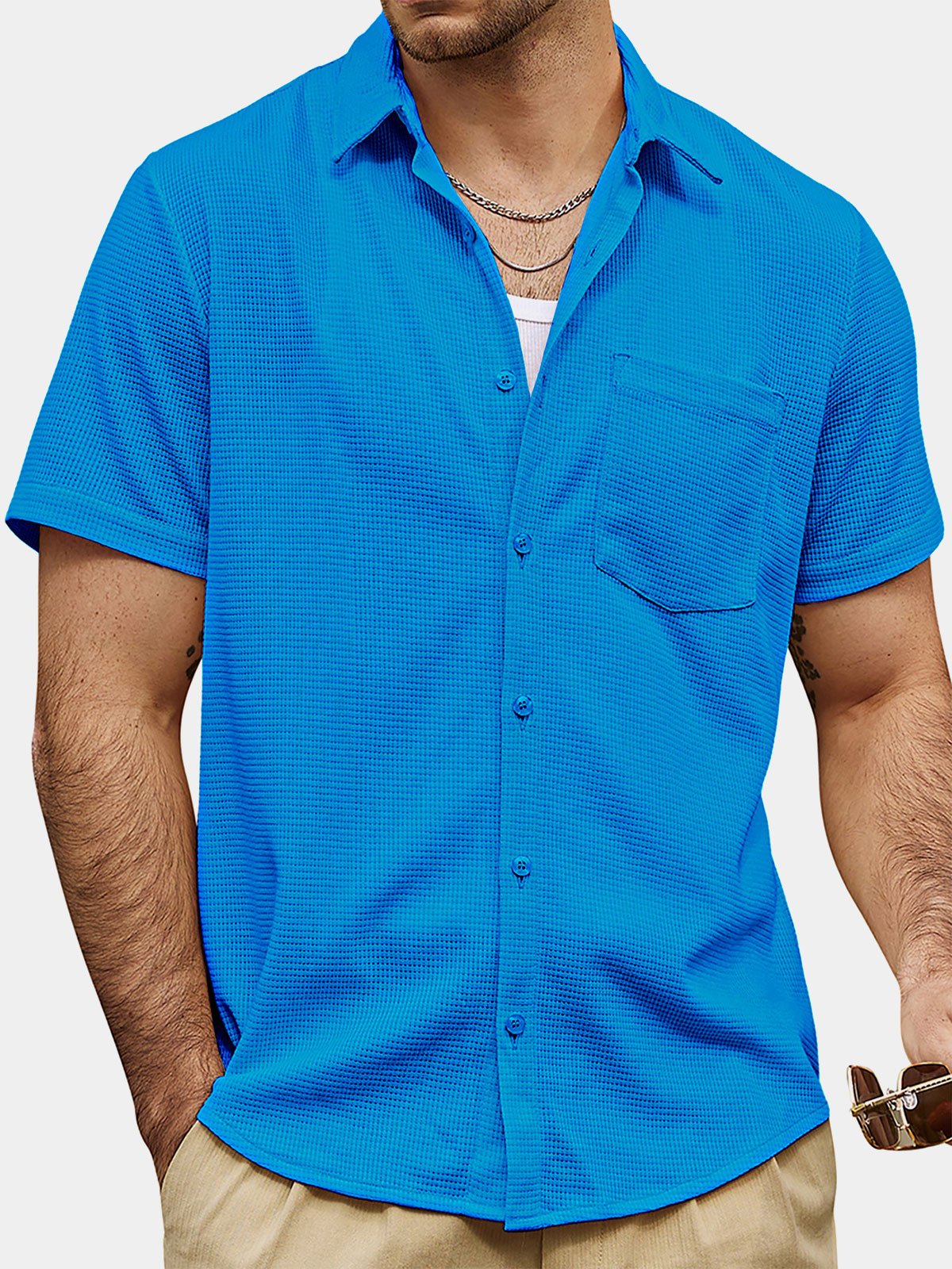 Camisa casual Waffle Summer Beach de manga corta para hombre