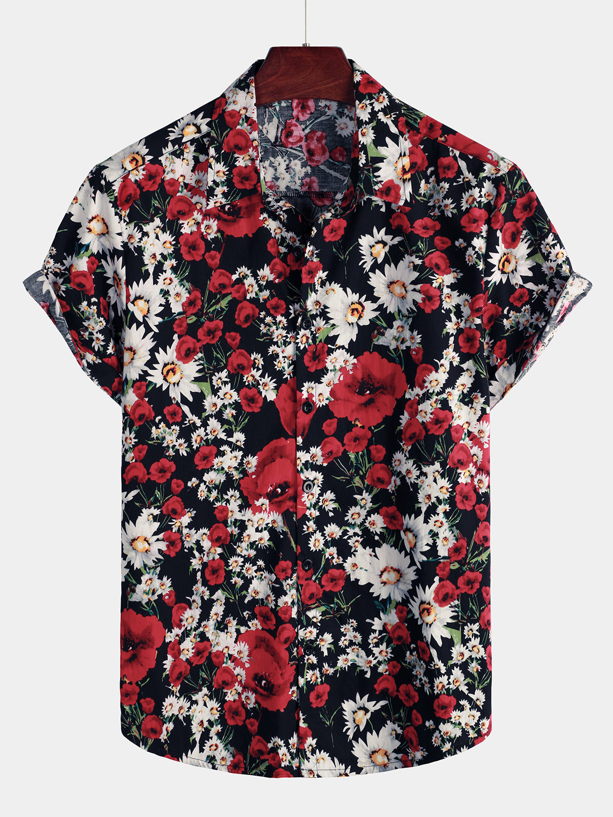 Camisa Summer Rose Daisy Flower estampado casual floral de manga corta para hombre