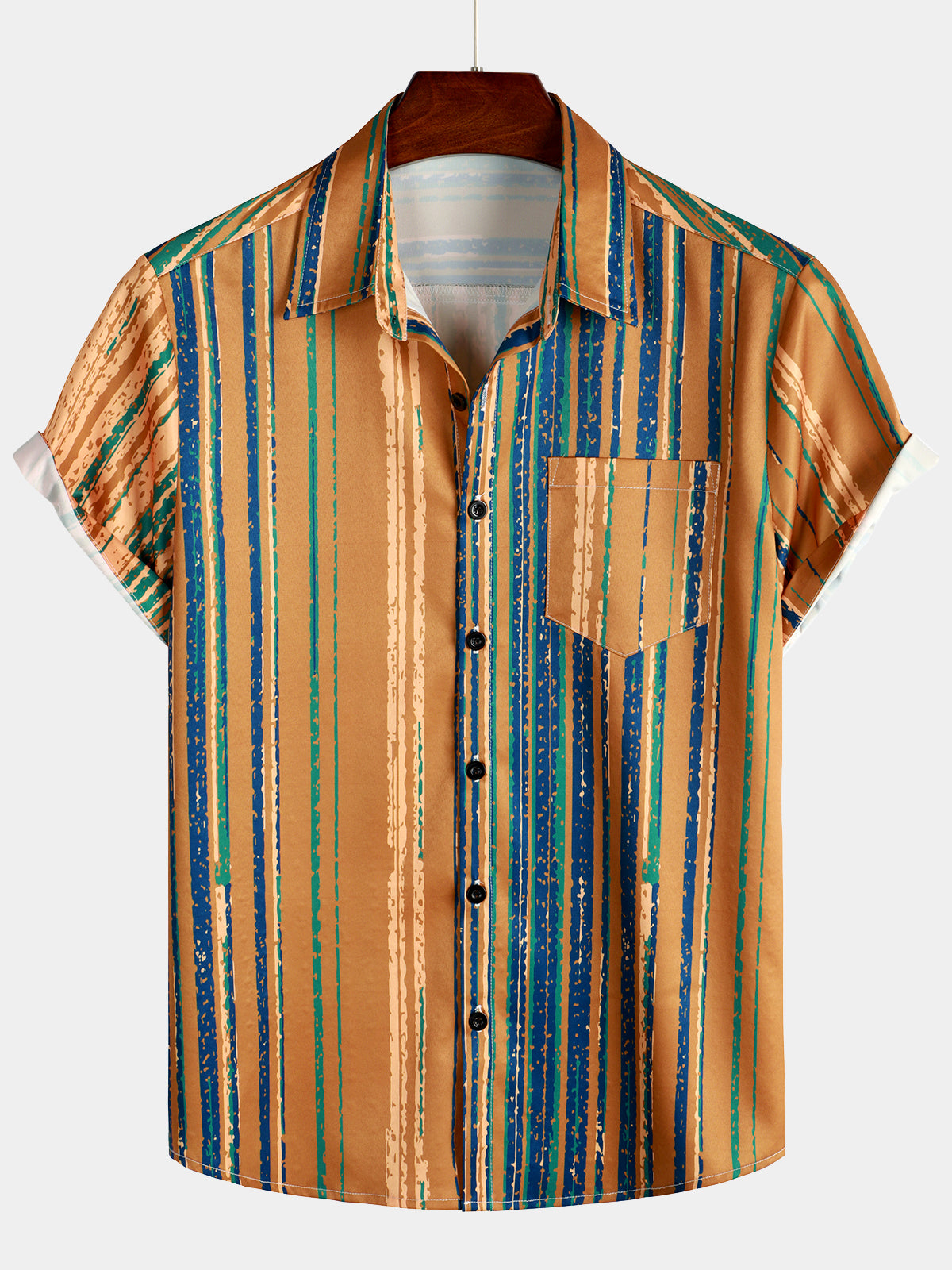 Camisa vintage Yellow And Blue Vertical a rayas Button Up Pocket de manga corta para hombre