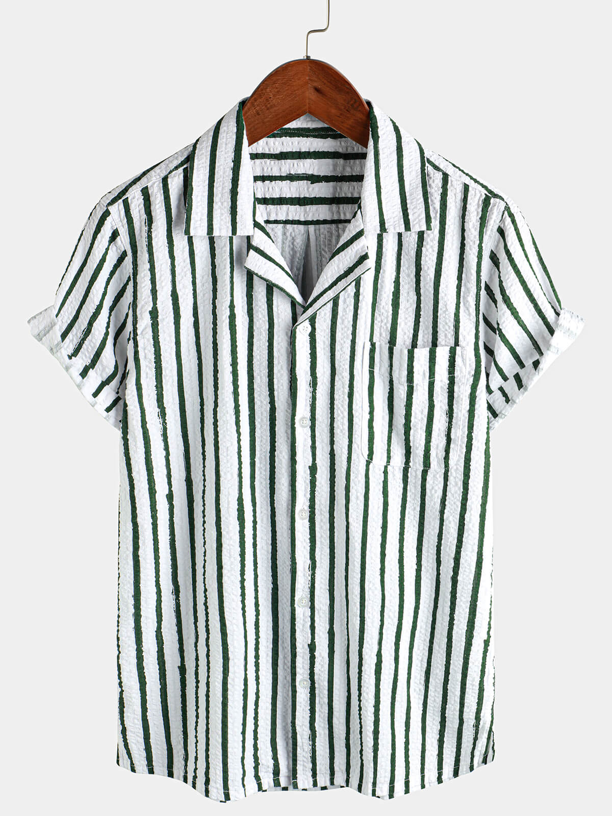 Camisa casual 100% de algodón a rayas Pocket Hawaiian Holiday Button Up de manga corta para hombre