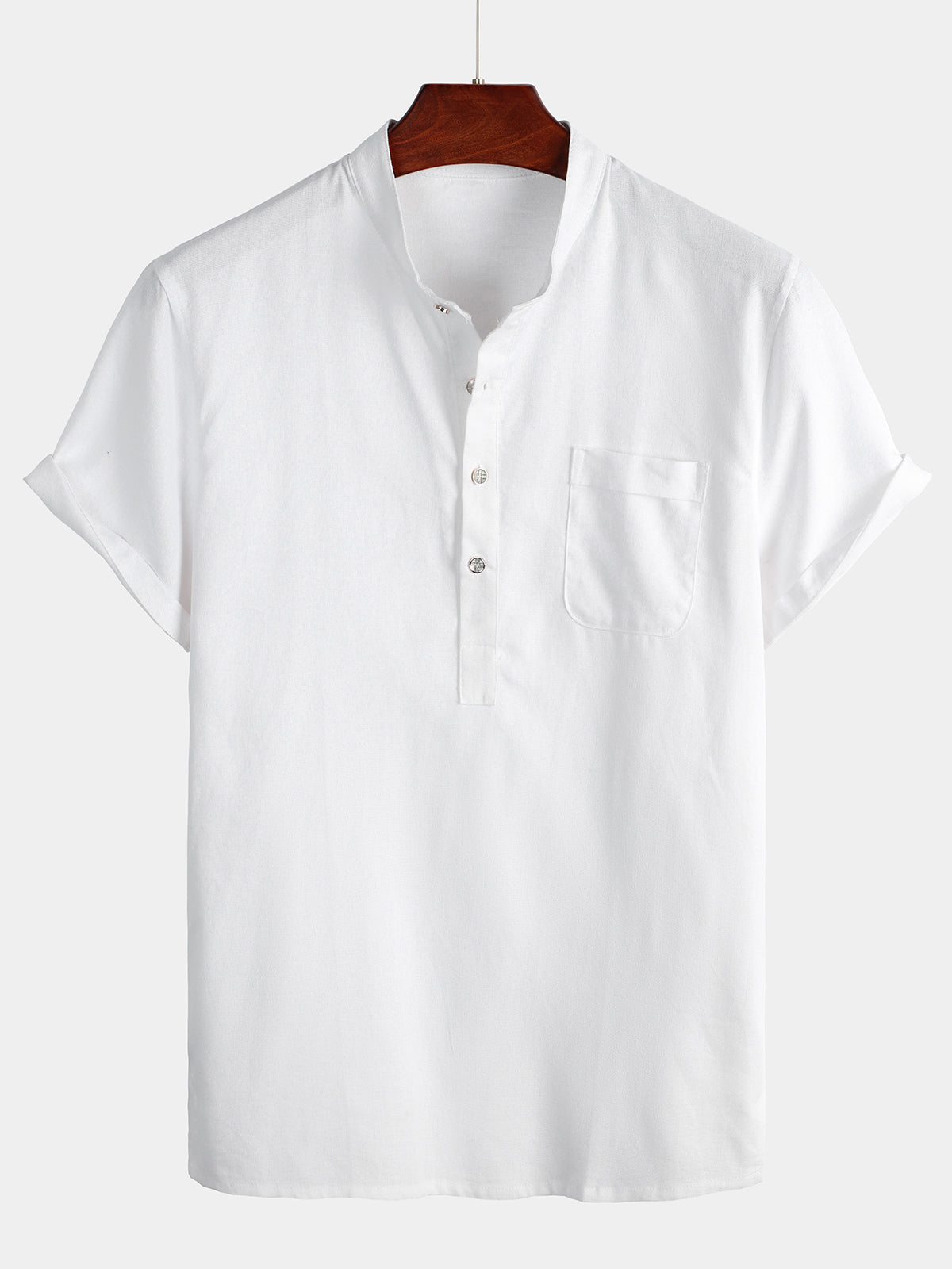 De color sólido Stand Collar Half Button Pocket Froncamiseta para hombre