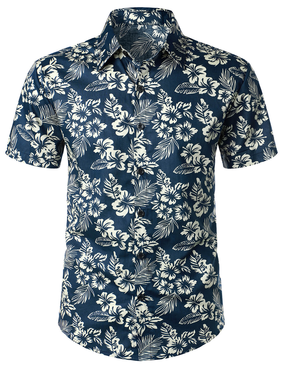 Camisa floral estampado Vacation de algodón transpirable Navy Blue Hawaiian de manga corta Aloha para hombre