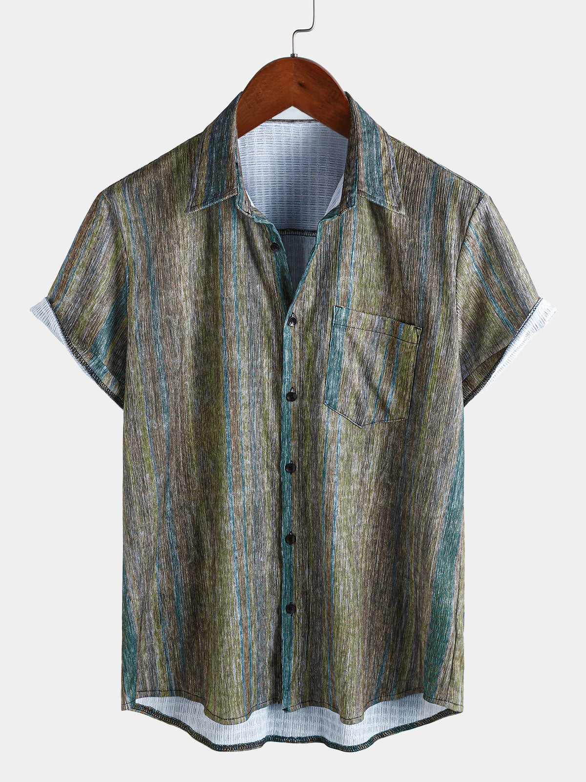 Camisa vintage Green a rayas Hawaiian Button Up de manga corta para hombre