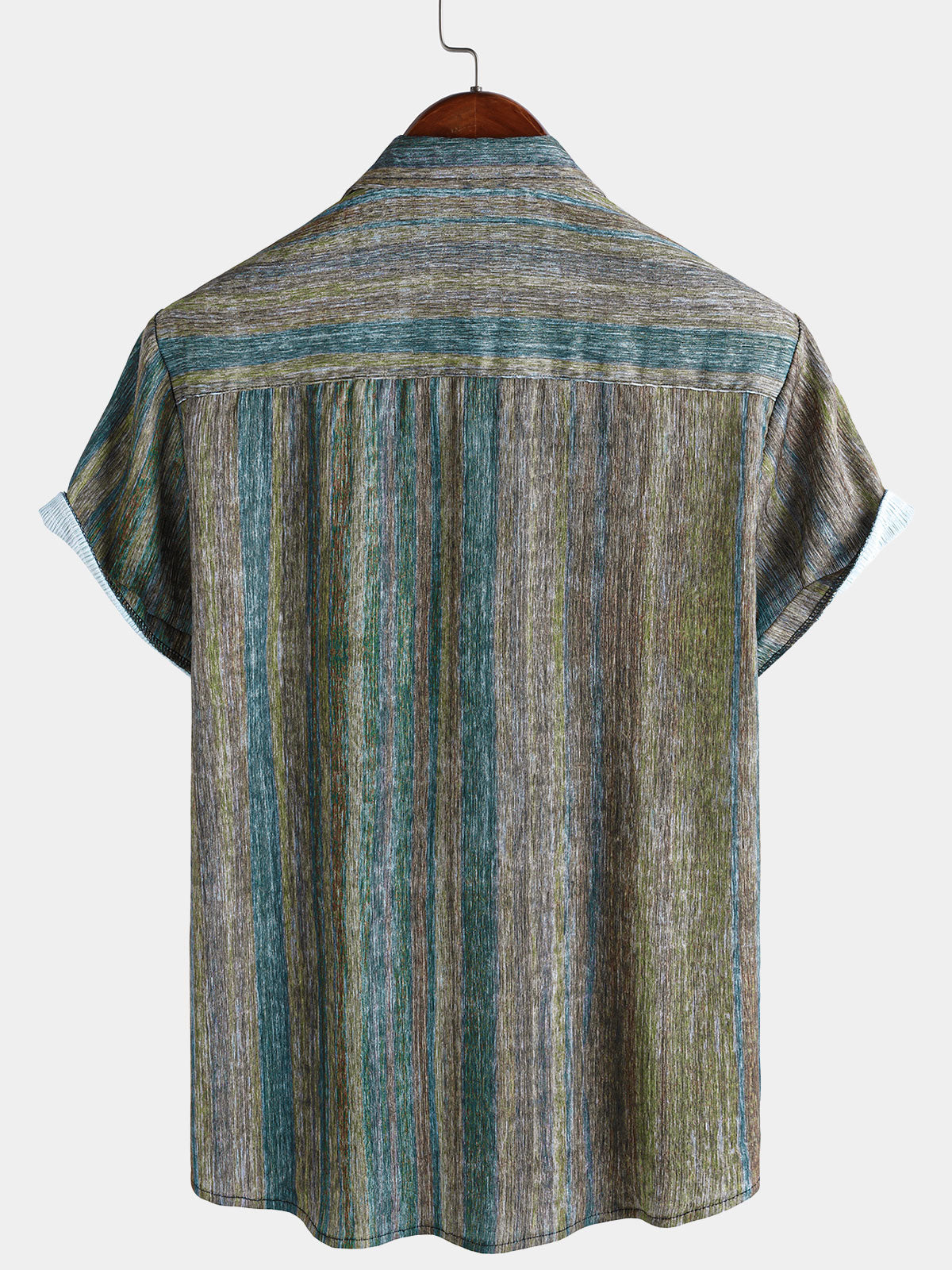 Camisa vintage Green a rayas Hawaiian Button Up de manga corta para hombre
