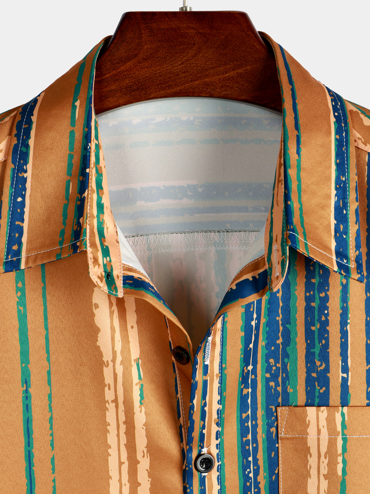 Camisa vintage Yellow And Blue Vertical a rayas Button Up Pocket de manga corta para hombre