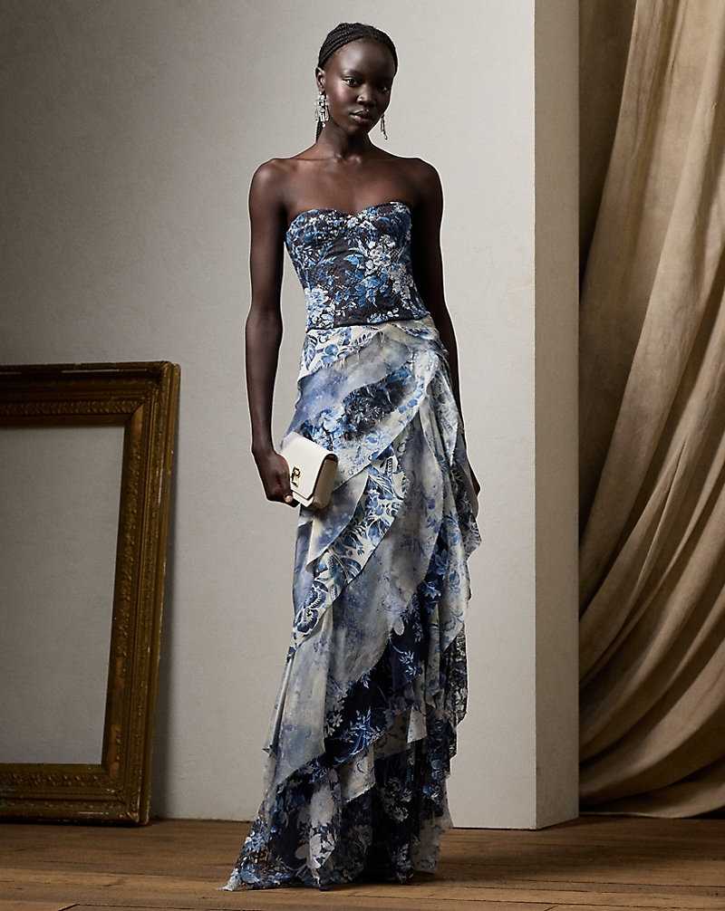 Falda Ralph Lauren Clairee Floral Tiered Maxiskirt Mujer Blue/Pearl Multi | HGPEUWJ-14 - vista 1