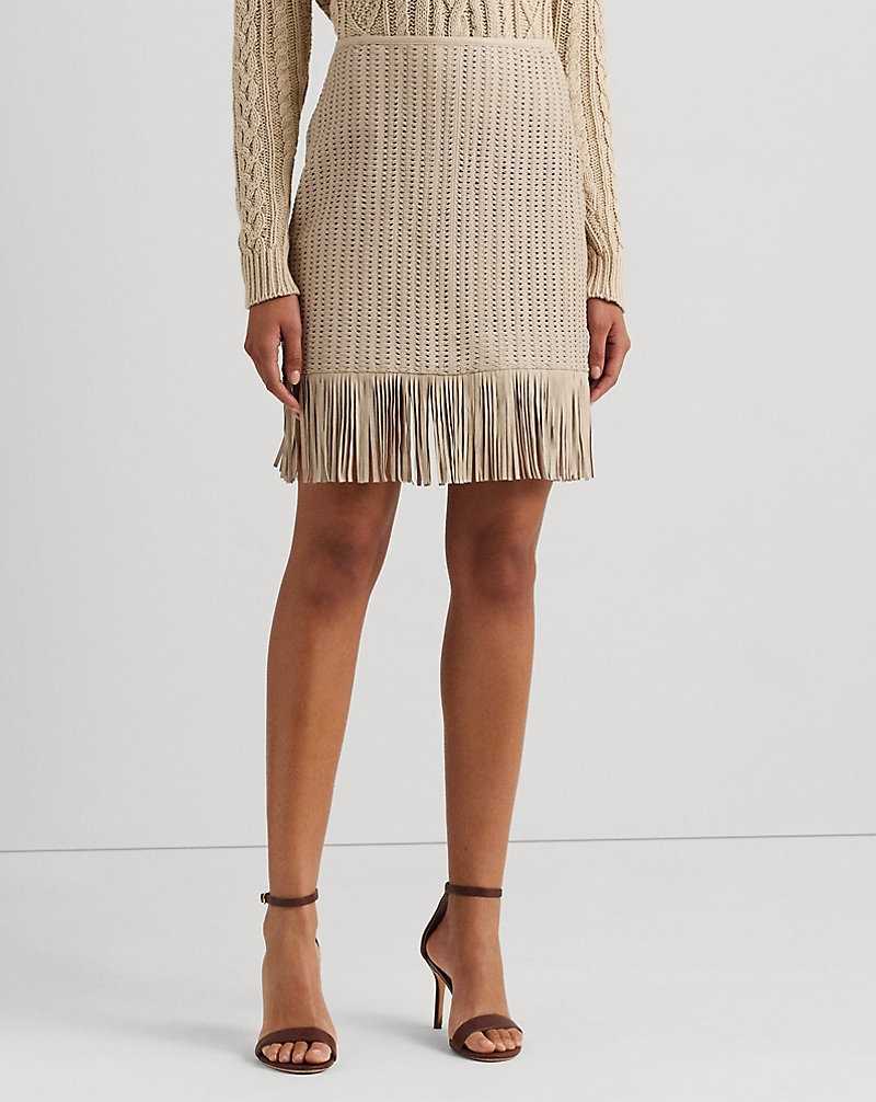 Falda Ralph Lauren Fringe-Trim Woven Leather Pencil Mujer Explorer Sand | BUZMNEO-78 - vista 3