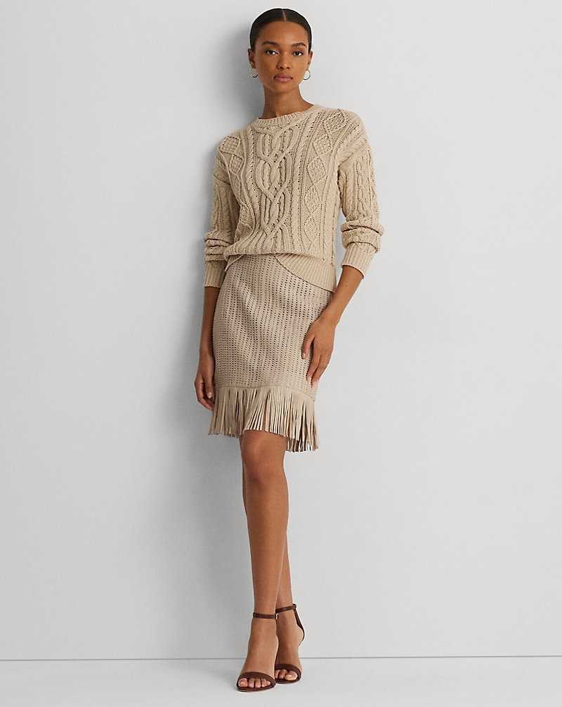 Falda Ralph Lauren Fringe-Trim Woven Leather Pencil Mujer Explorer Sand | BUZMNEO-78 - vista 1